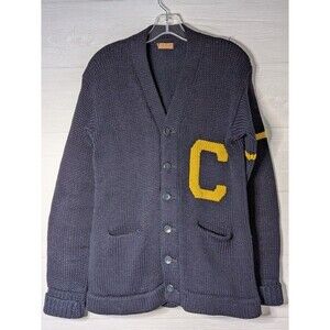 VINTAGE Dick Fischer Letterman Cardigan Sweater Blue Gold Varsity C 1950s 1960s